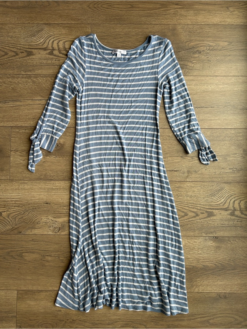 Downeast Striped Blue & White Tie-Sleeve Midi Dress